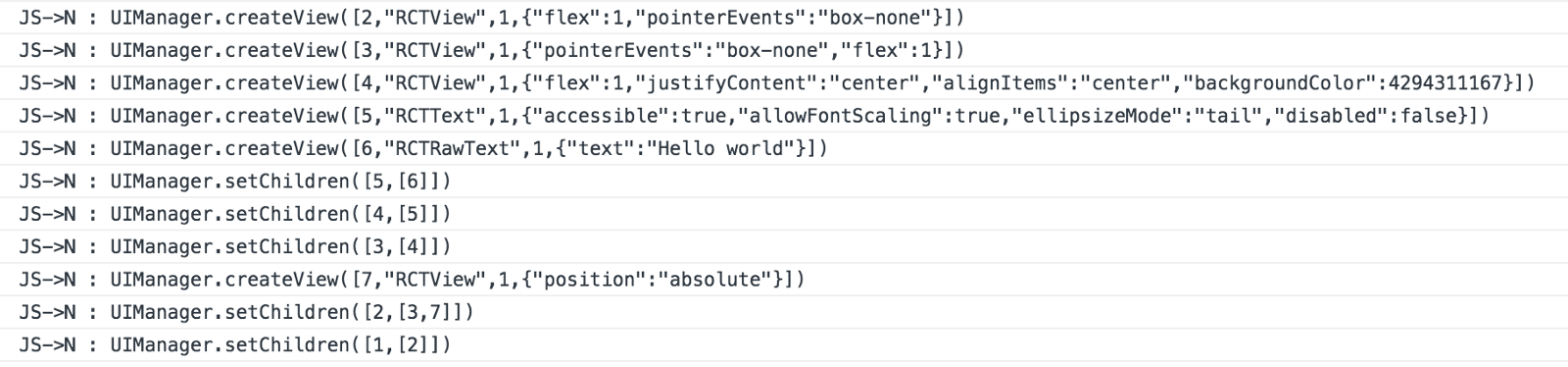 JavaScript sends commands asynchronously to the Native side for view management, with JSON JavaScript