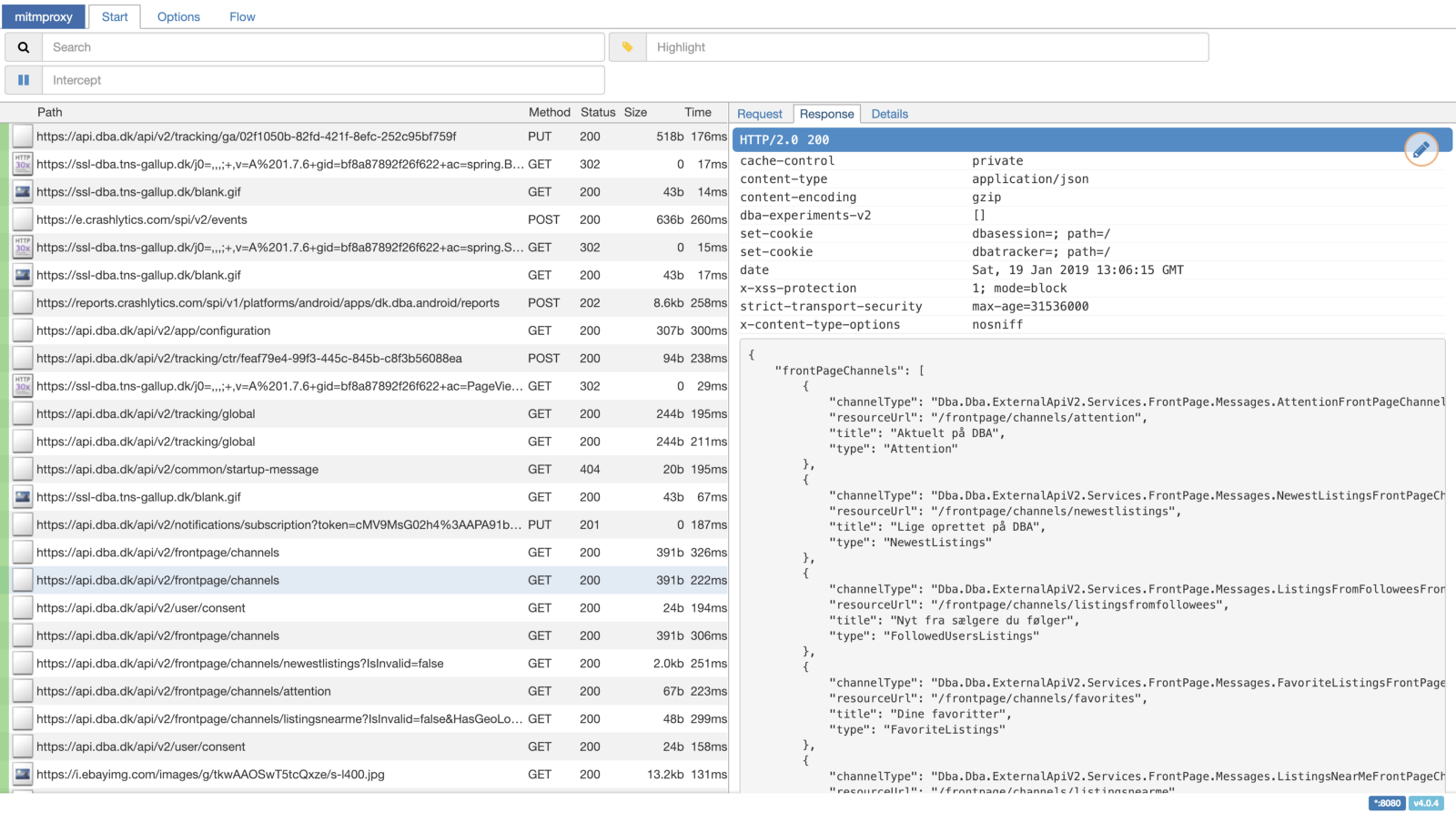 Example of data received through mitmproxy