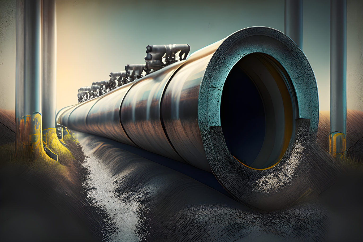 Offshore pipeline. Gas pipes on background of sunset. Two gas pipes next to  sea shore. Pipeline