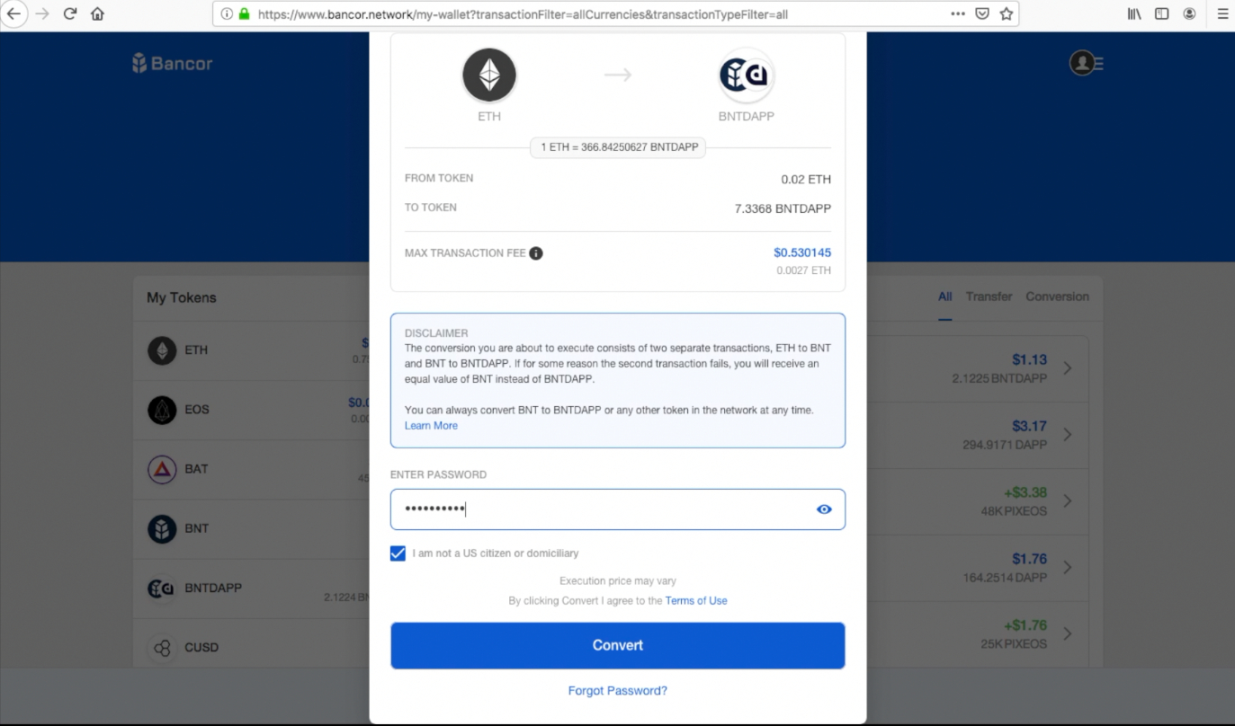 how do i transfer tokens from bancor to eth